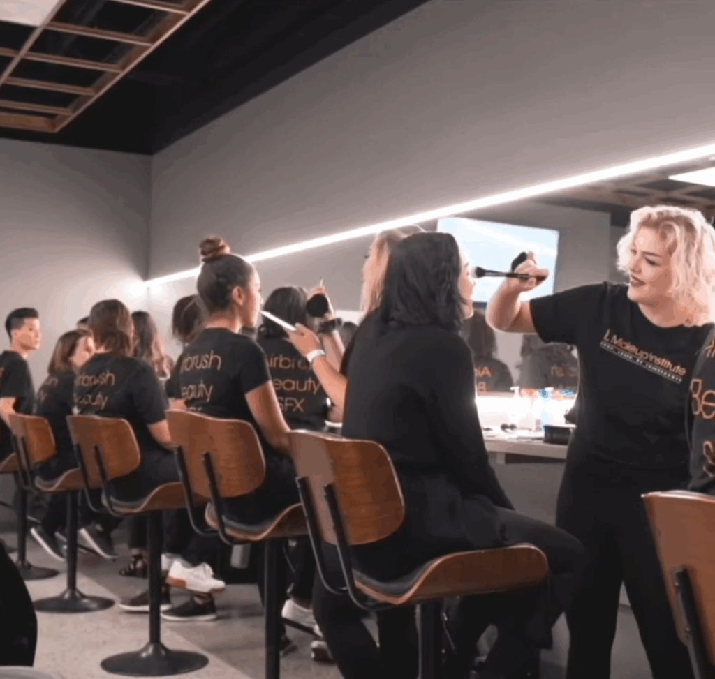 Makeup application at the mirror